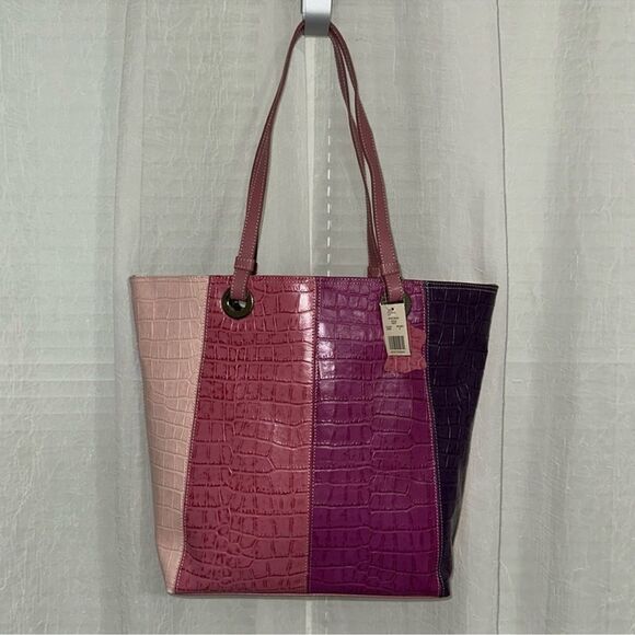 Valerie Stevens Four Tone Warm Purple Pink Croc Print Genuine Leather Tote - Picture 1 of 12